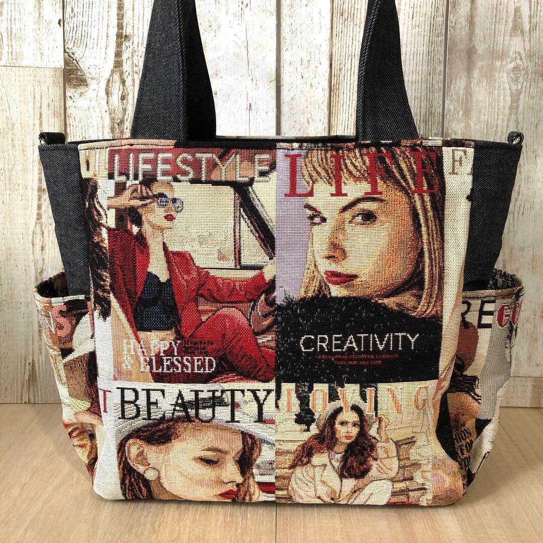 ACHACO　トートバッグ　ハンドメイド　ブラック　ゴールド【新品デニム】