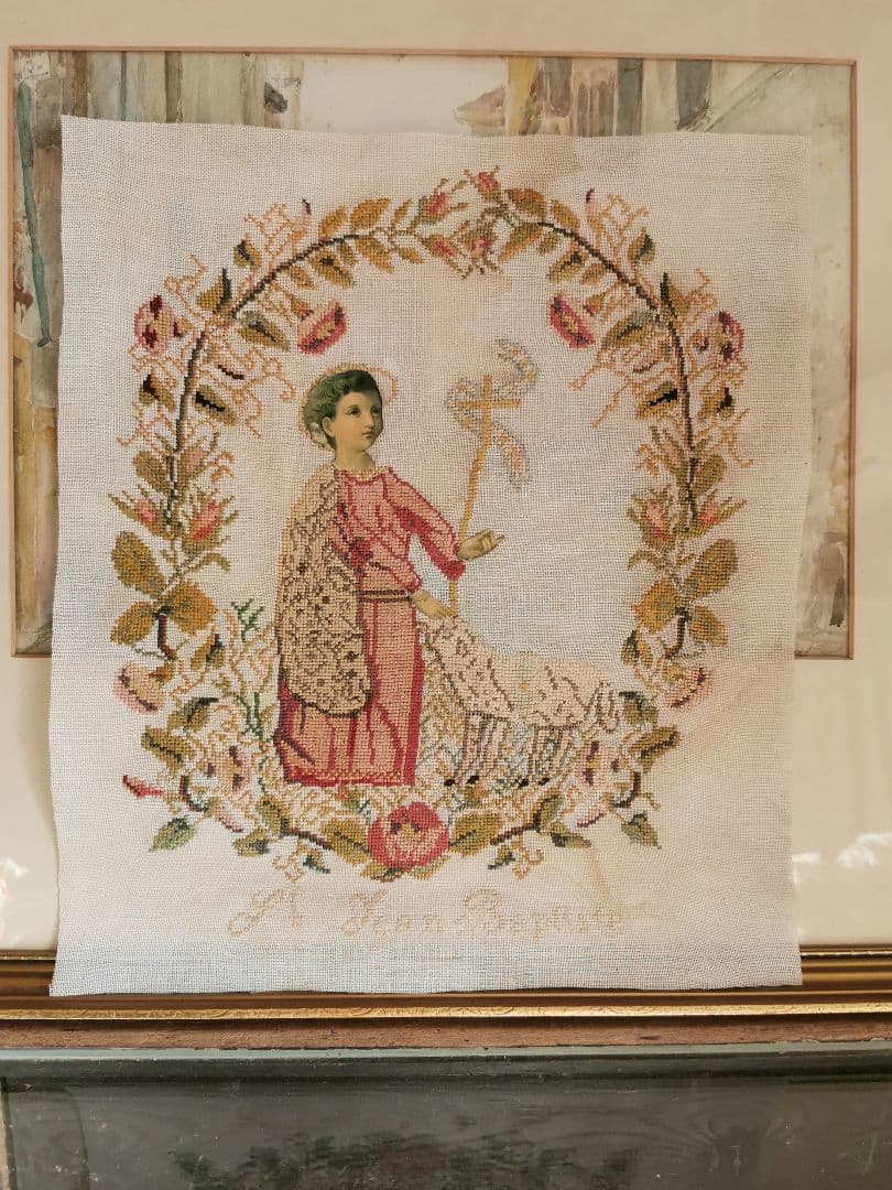 アンティーク 洗礼者聖ヨハネと羊プチポワン 薔薇朝顔菫ニードルポイント 麻布付