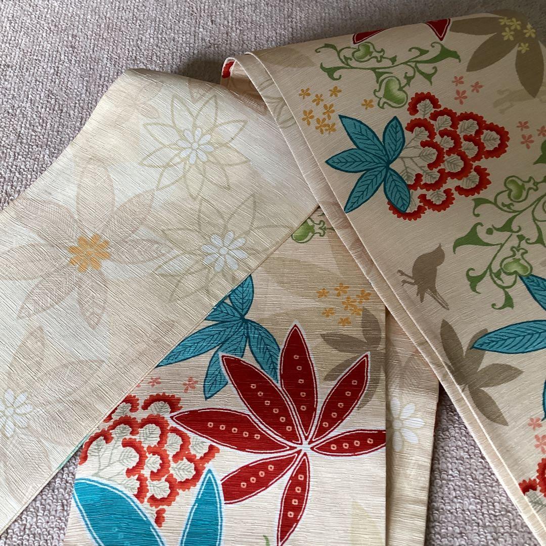 【工藤ちゃん】WAKKA 未使用半幅帯　南国の花々と鳥や蝶　正絹タグ付き