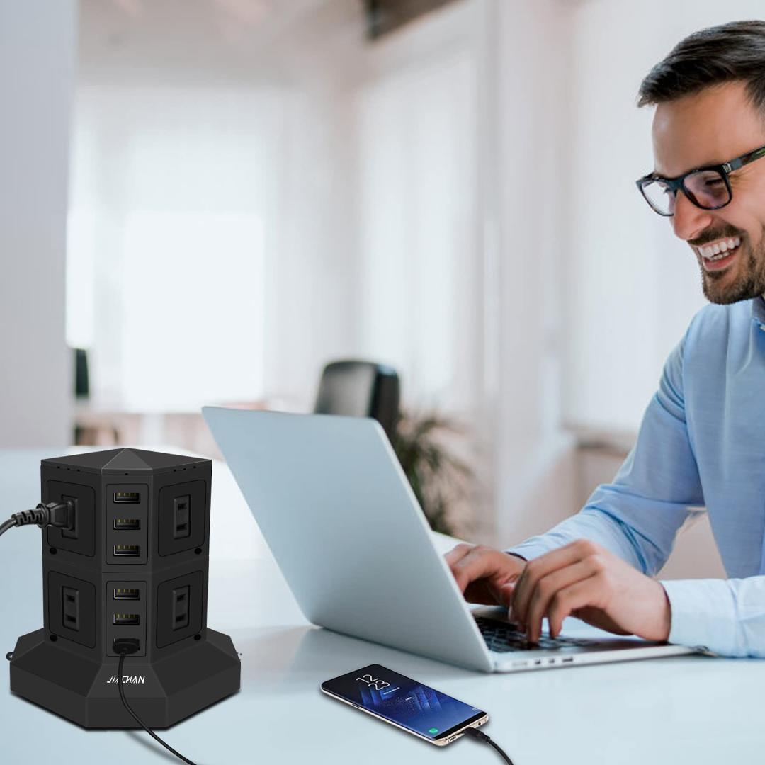 8コンセント 急速充電 雷ガード 過負荷保護 電源タップ タワー式 6USB