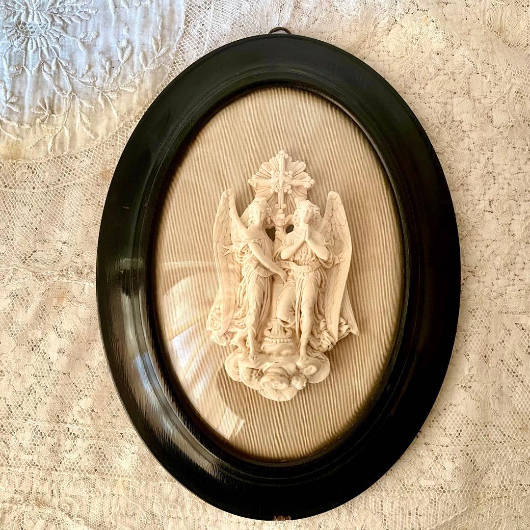 2人の天使のメダイヨン エンジェル フランスアンティーク エクリュ　フレーム