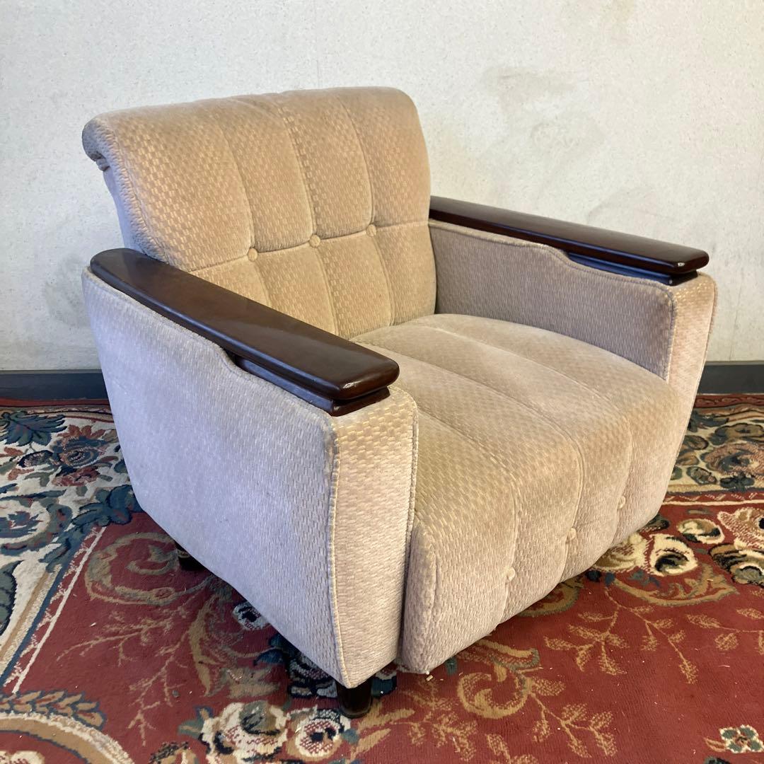 ② 昭和レトロ 馬場家具 木製フレーム アームチェア 1人掛けベロアソファー