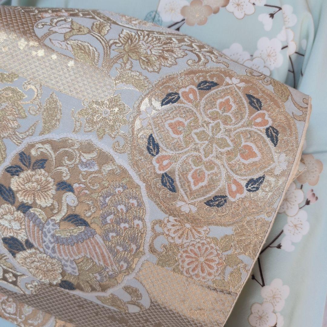 訪問着　フルセット　着物　正絹　ミントグリーン桜梅紅葉　金　落款　祝い事　C1