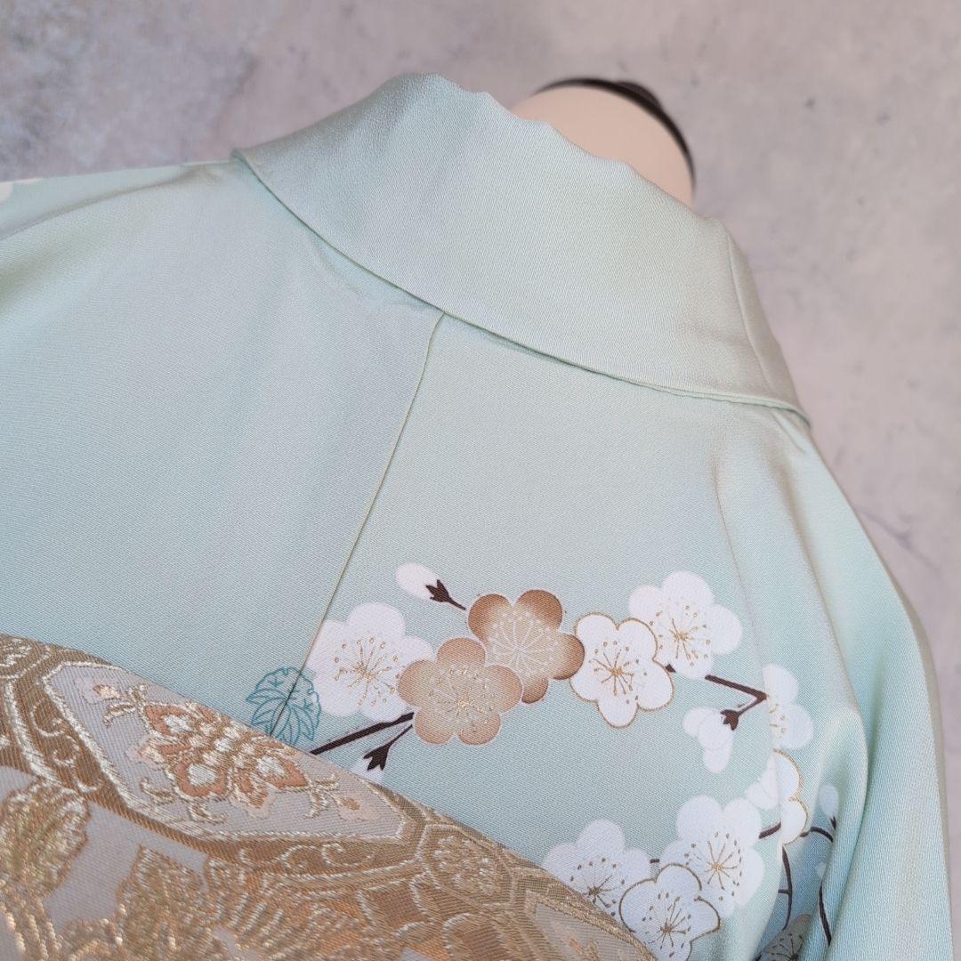 訪問着　フルセット　着物　正絹　ミントグリーン桜梅紅葉　金　落款　祝い事　C1