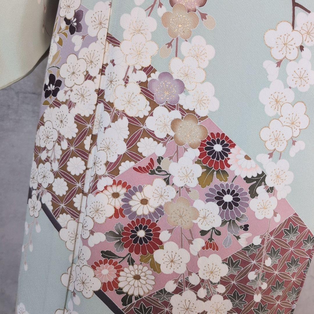 訪問着　フルセット　着物　正絹　ミントグリーン桜梅紅葉　金　落款　祝い事　C1
