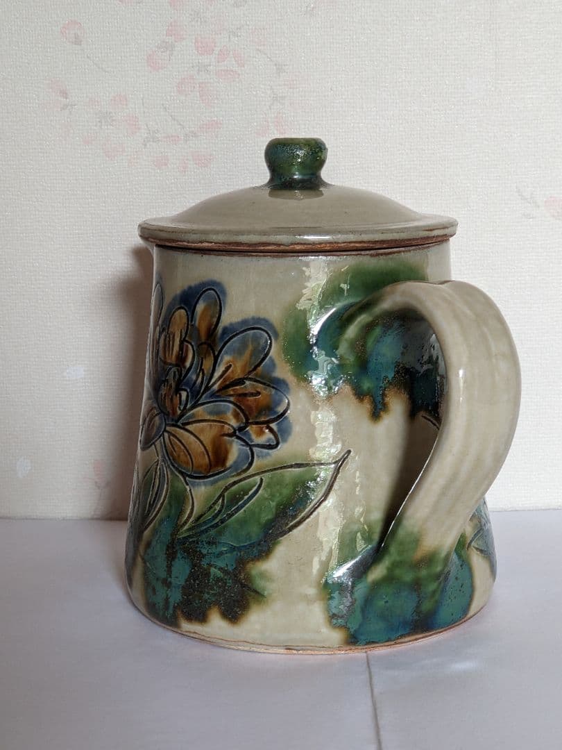 ♦民藝 琉球焼 緑釉流し掛け 箆彫り 草花文 水注 ポット 沖縄 やちむん骨董品