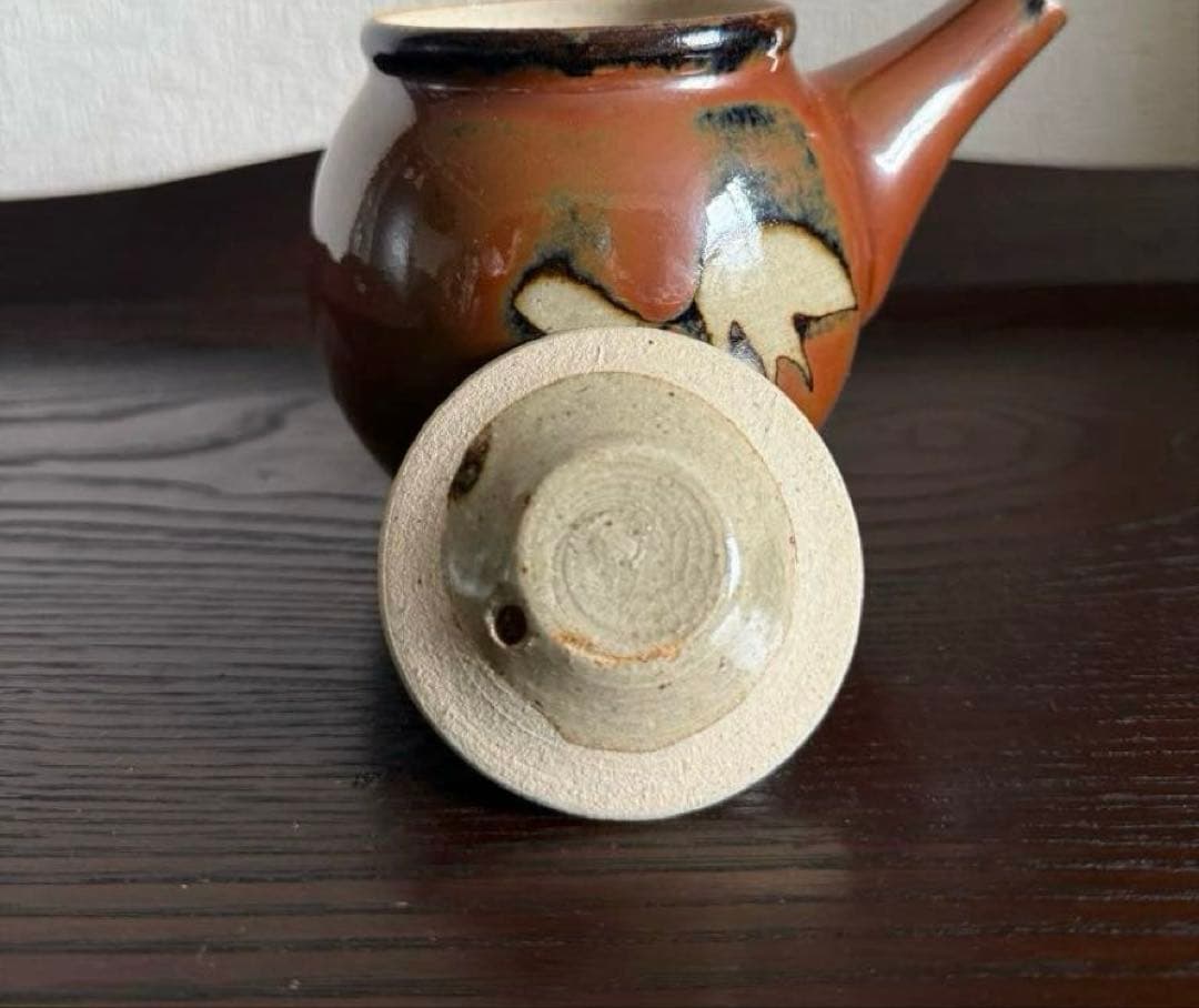 民藝 古作 益子焼 柿釉 抜絵 茶器揃 急須 湯呑み4客 古民藝 民芸