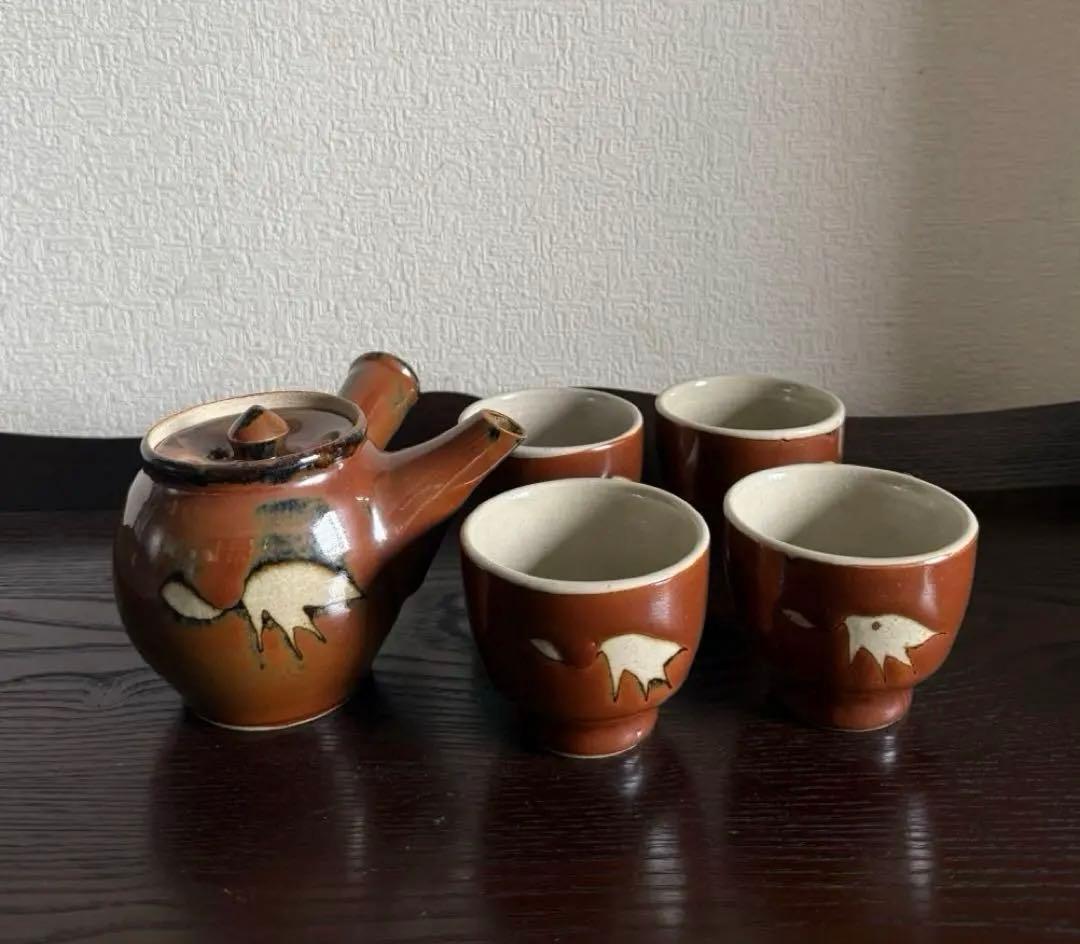 民藝 古作 益子焼 柿釉 抜絵 茶器揃 急須 湯呑み4客 古民藝 民芸