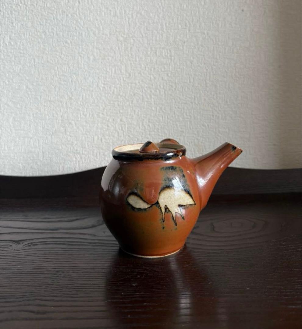 民藝 古作 益子焼 柿釉 抜絵 茶器揃 急須 湯呑み4客 古民藝 民芸