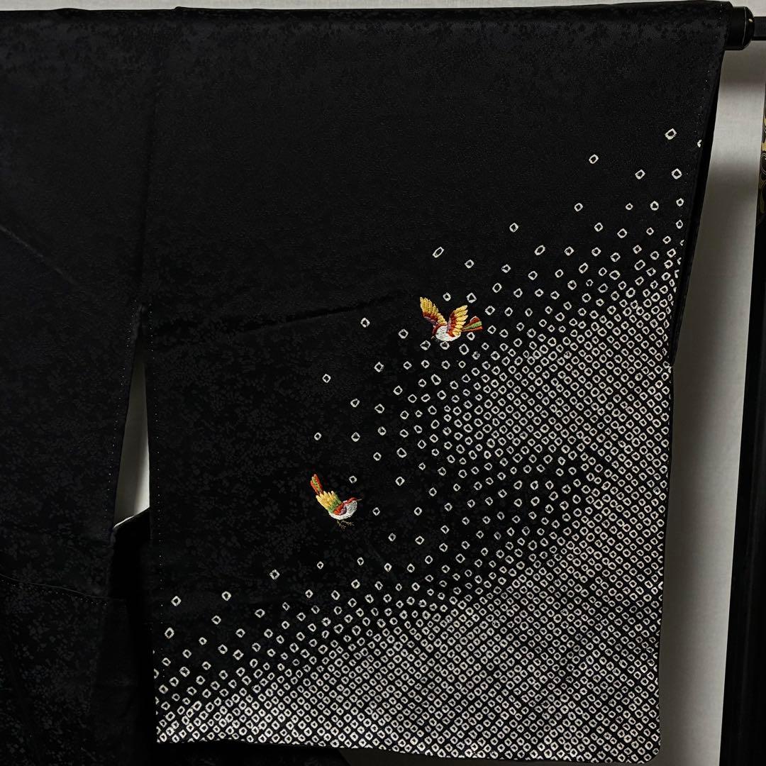 D143 訪問着　絞り　鳥刺繍　花紋　正絹　着物　袷　未使用極美品