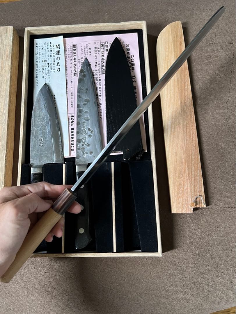 出刃包丁藤原照康ー杉本ー鍔屋-3本セット木鞘付き