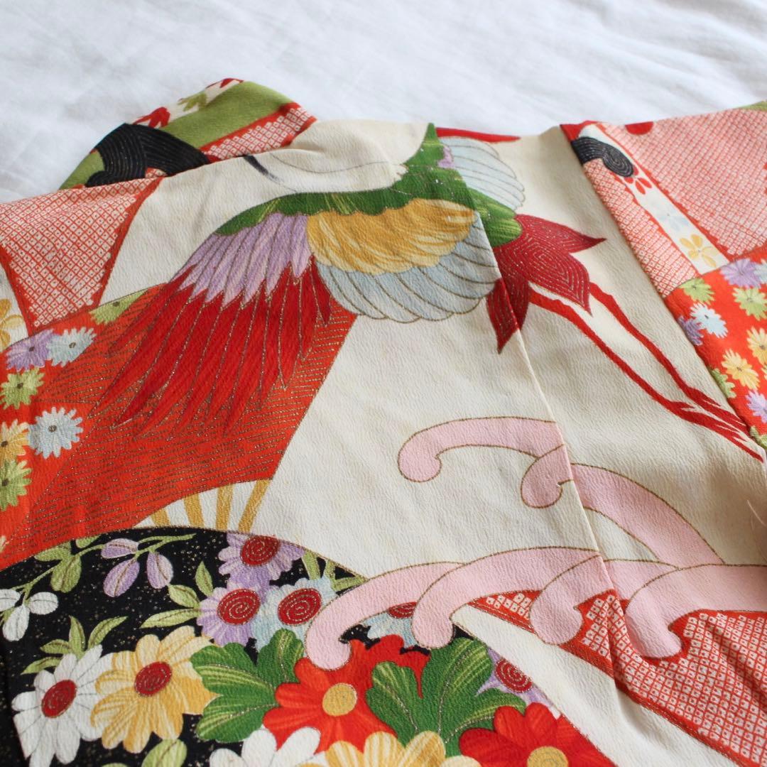 七五三 3歳 女の子 子供 アンティーク 鶴 着物 被布 セット