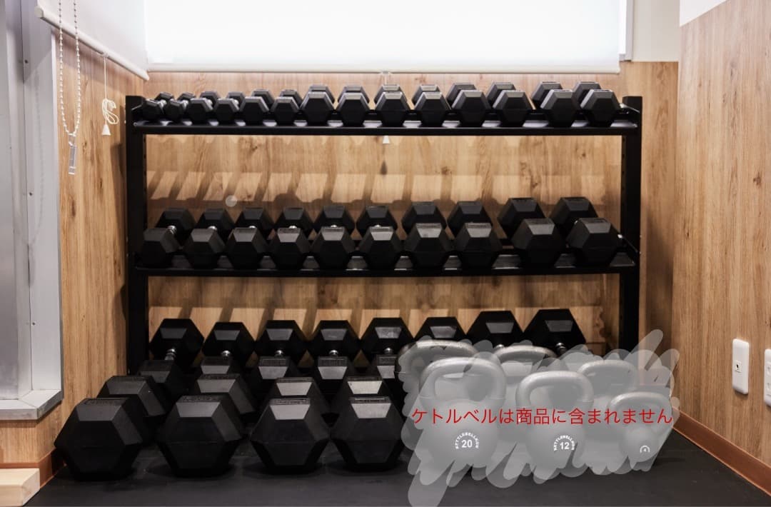 ラバーダンベル（1~30kgペア） ダンベルラック、フラットベンチ※引き取り限定