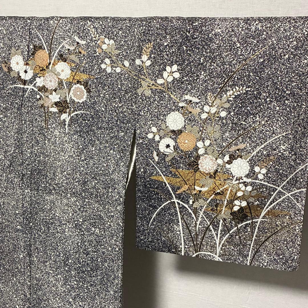 D144 訪問着　叩き染め　花模様　金彩　正絹　着物　袷　極美品