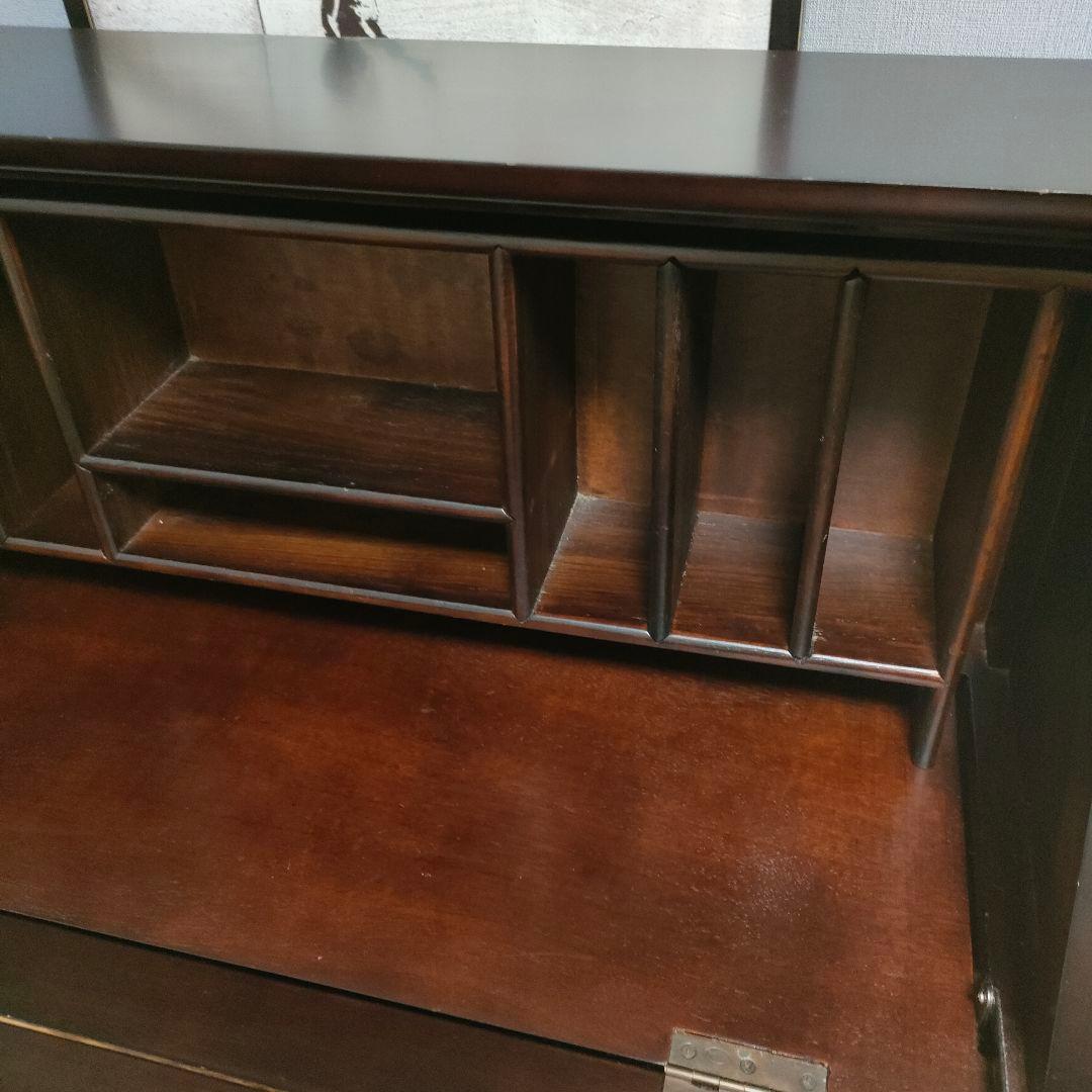 アンティーク調 猫脚ライティングビューロー 鳳凰×牡丹 彫り ダークブラウン