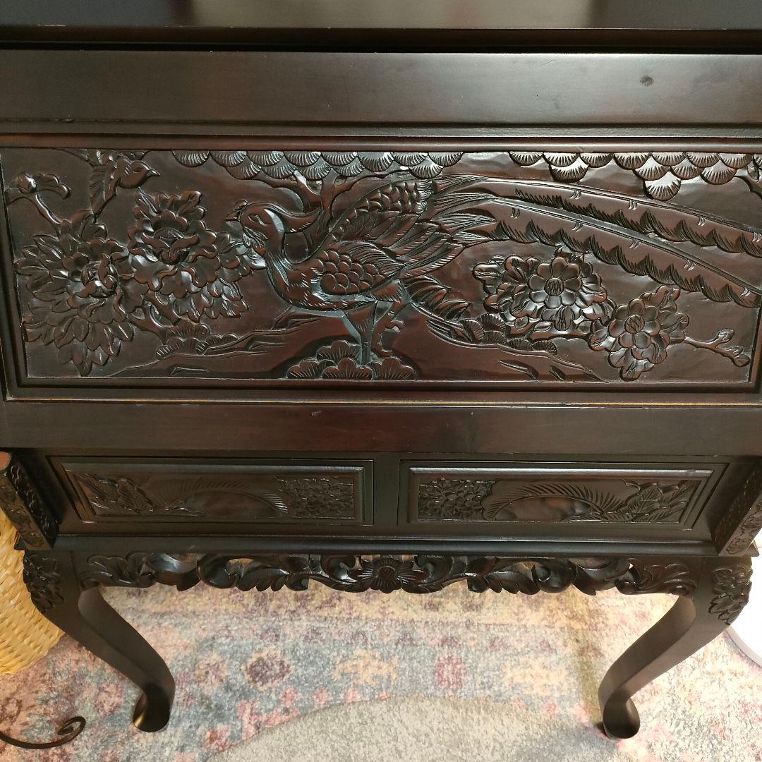アンティーク調 猫脚ライティングビューロー 鳳凰×牡丹 彫り ダークブラウン
