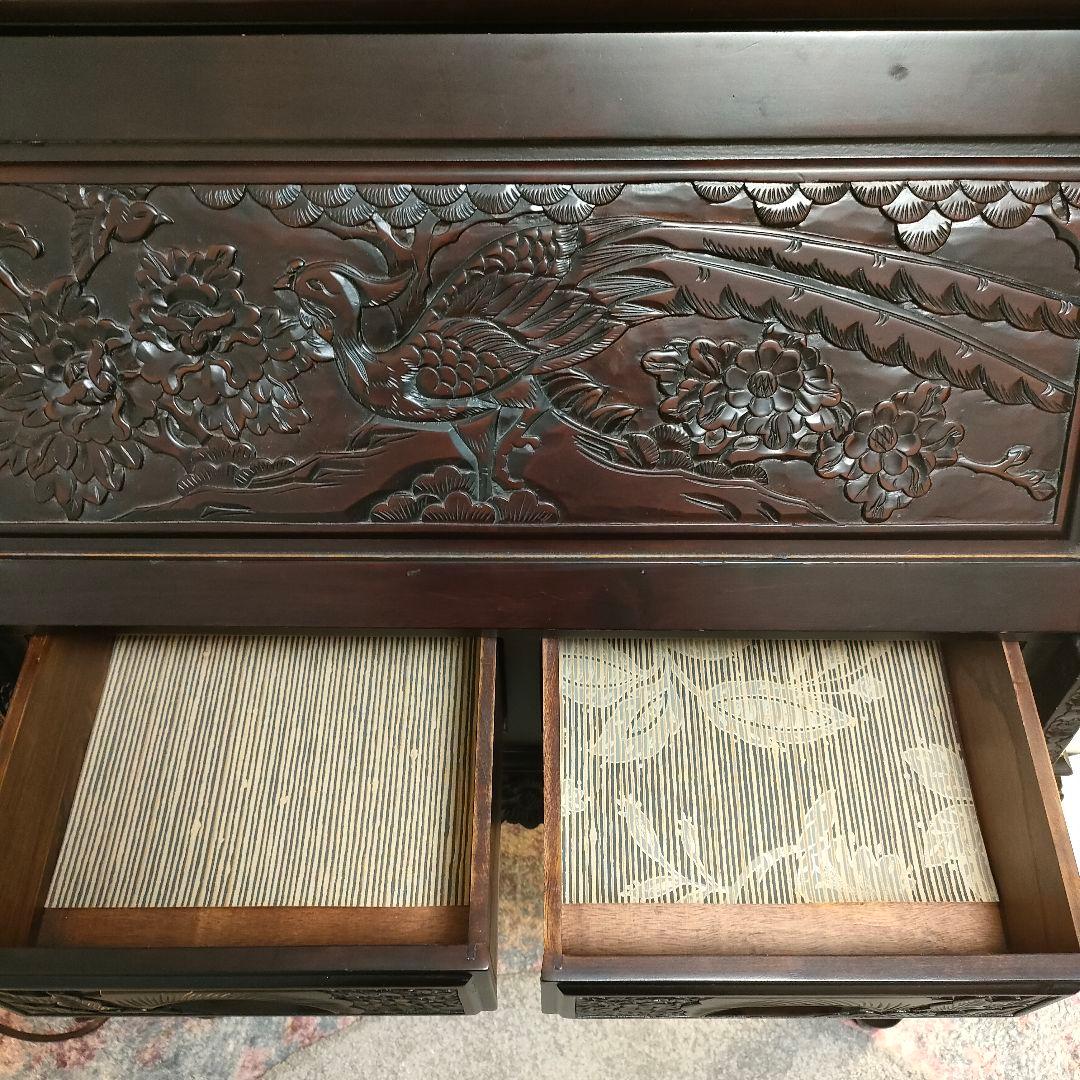 アンティーク調 猫脚ライティングビューロー 鳳凰×牡丹 彫り ダークブラウン