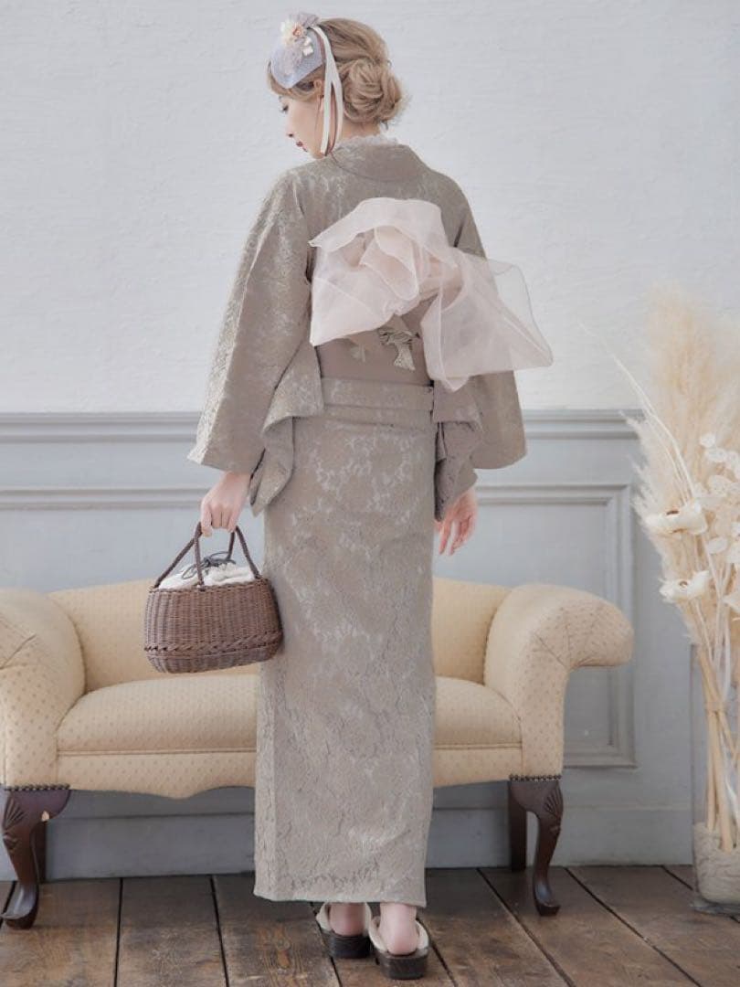 sugar 浴衣　フルセット　レース　モカ　ピンク　下駄　帯飾り　兵児帯　セット