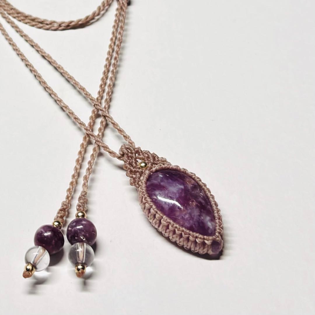 #2145 ♡レピドライトシリカ&水晶天然石♡マクラメネックレス　ペンダント