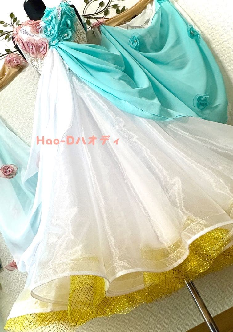 新品★ダンスドレス★スタンダード★社交ダンス★競技会★パーティー★花★バイカラー