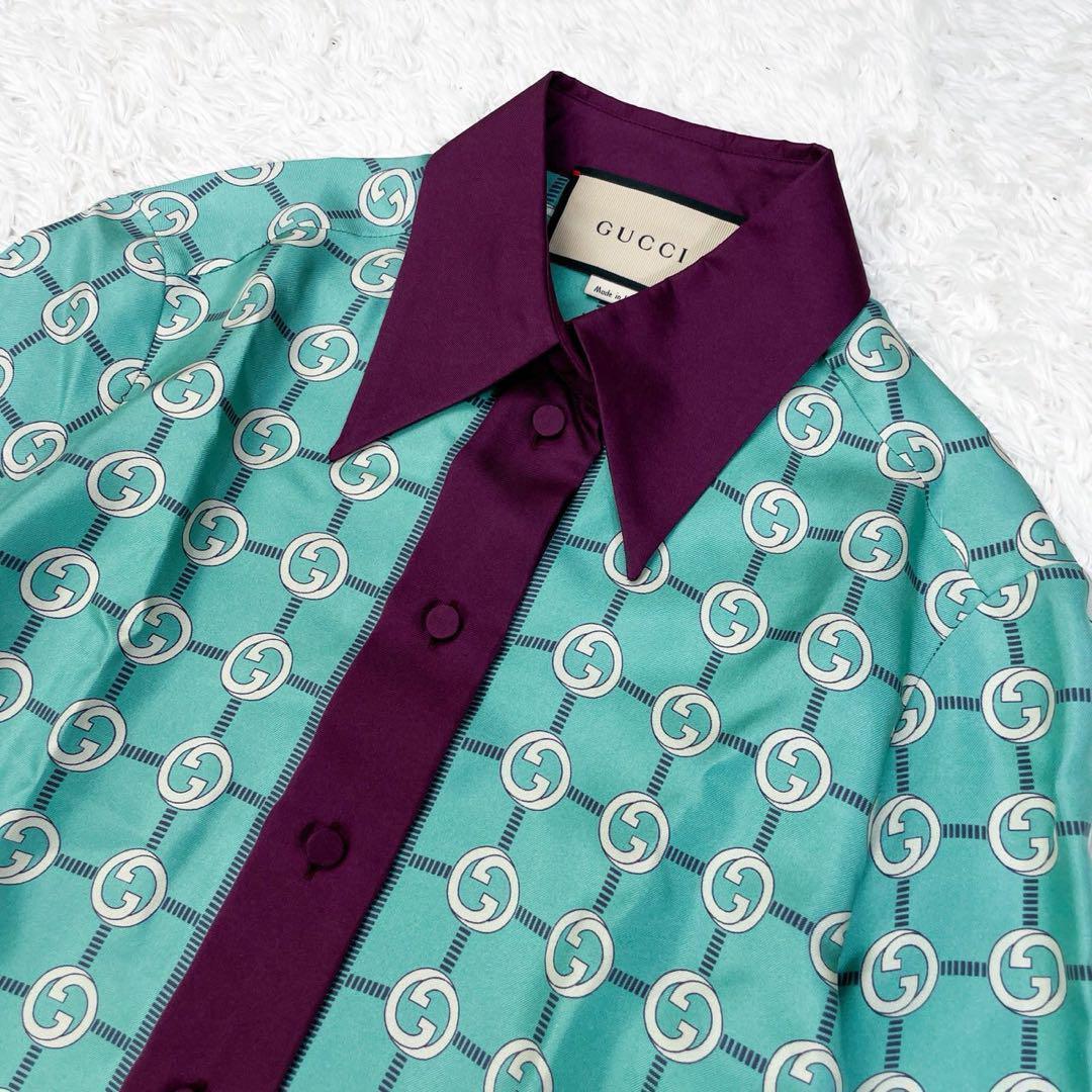 GUCCI インターロッキング シルク シャツブラウス トップス 36 ブルー