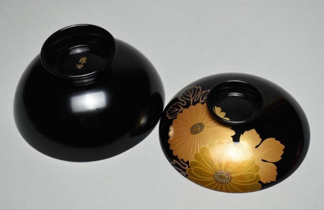 輪島塗　蒔絵菊花図　五客