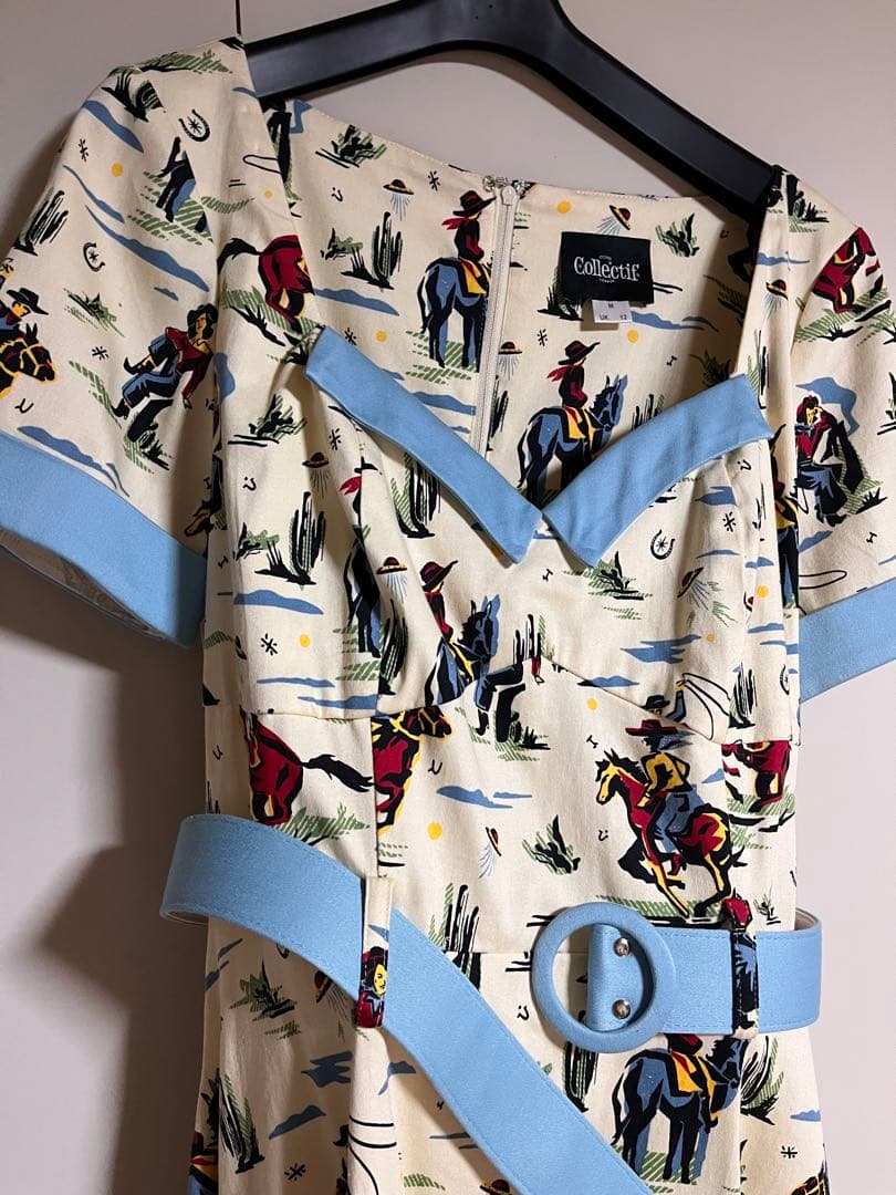 くろくま Collectifカウボーイ柄ひざ丈ロカビリー ワンピース