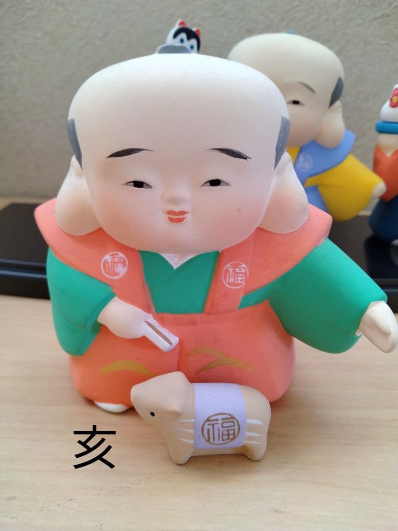 干支、縁起物福助人形十二個勢揃い、日本製陶器