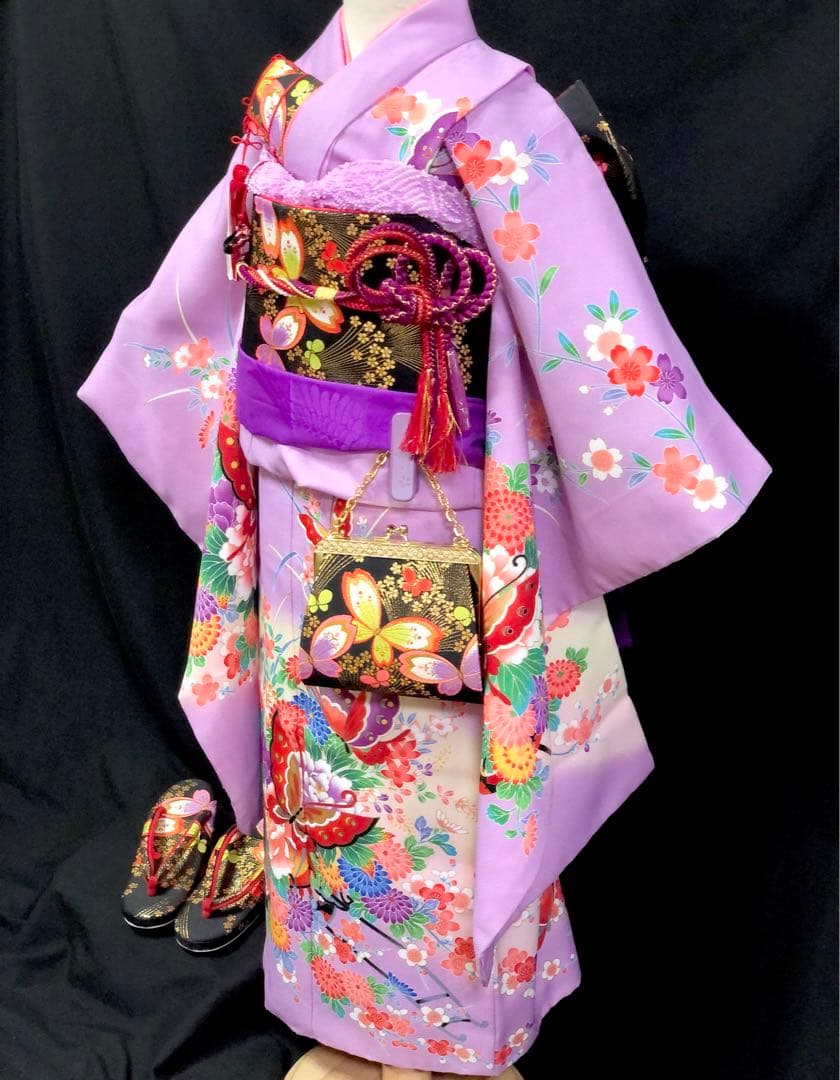七五三　7歳　女の子　藤色　薄紫　四つ身　着物　作り帯　セット　753 七歳