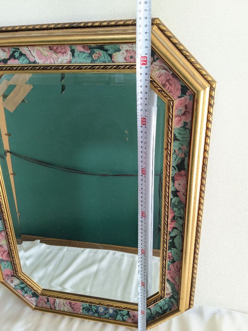 アンティーク 壁掛け 八角 ミラー 鏡 花柄 ヴィンテージ ゴールド