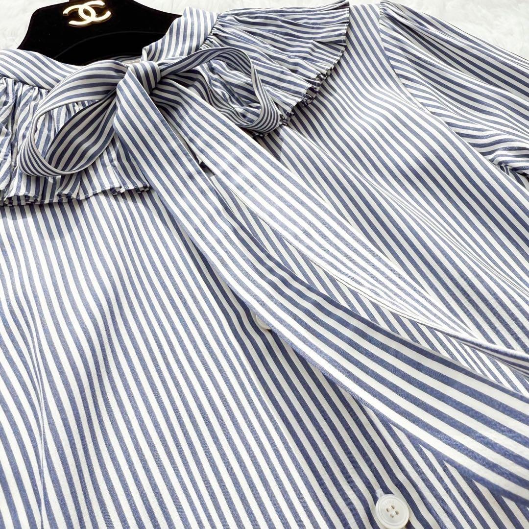 CELINE エディ期 ボウタイ付フリルカラーブラウス シルク ストライプ 34