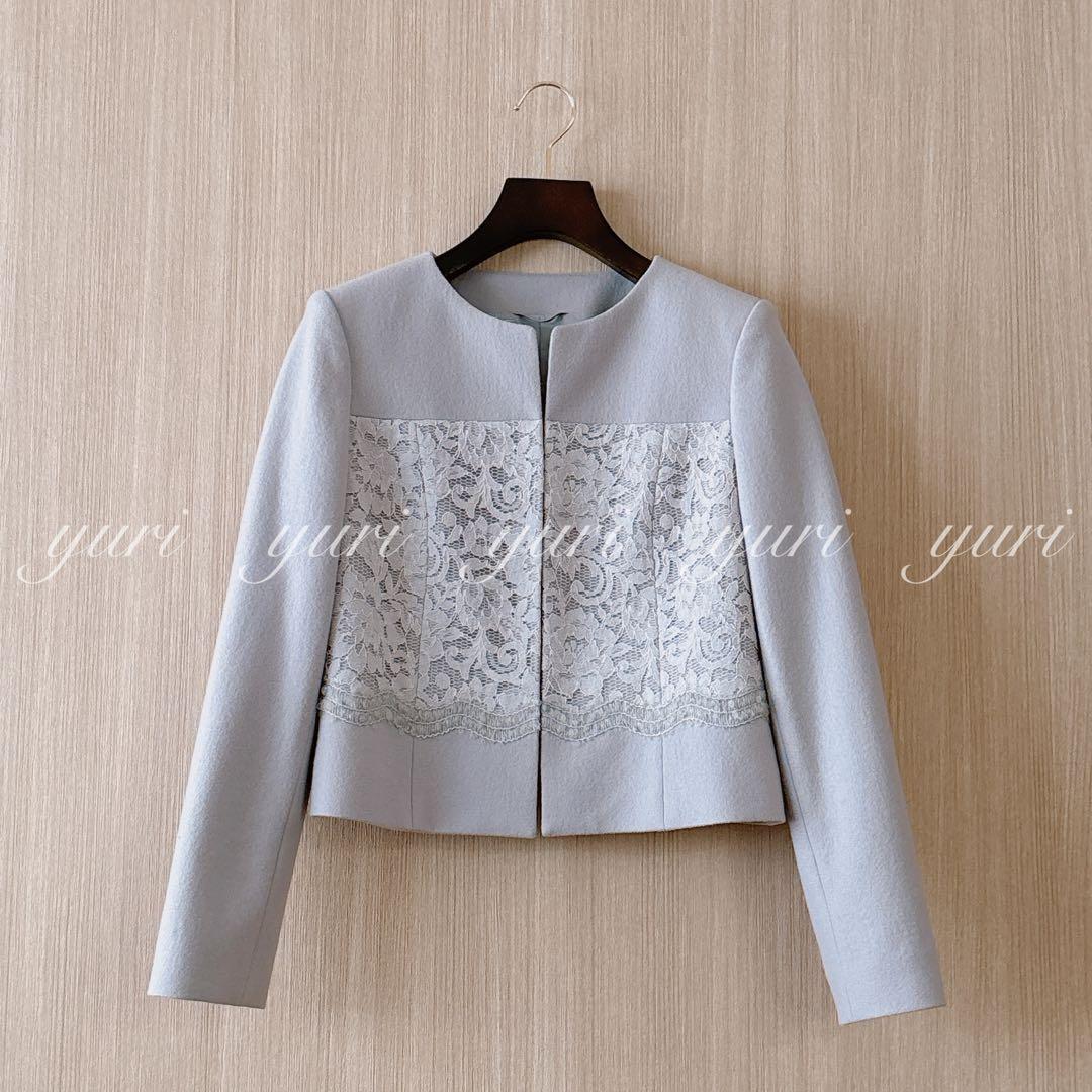【1104】アナイ　天竺×レースモヘア刺繍ジャケット　ライトグレー　フォーマル