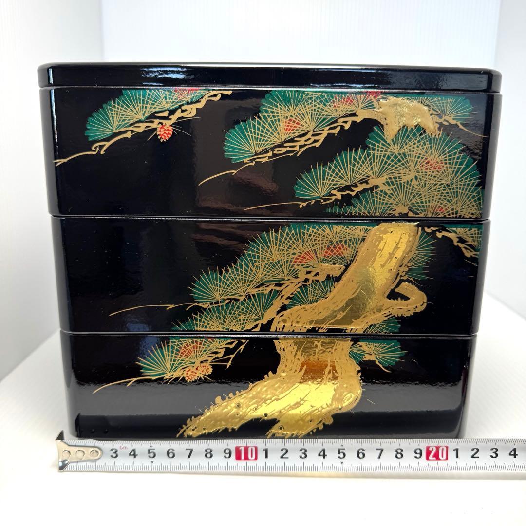 会津塗 三段重 松峯作 天然木 黒内朱 沈金 蒔絵 重箱 漆器 伝統工芸