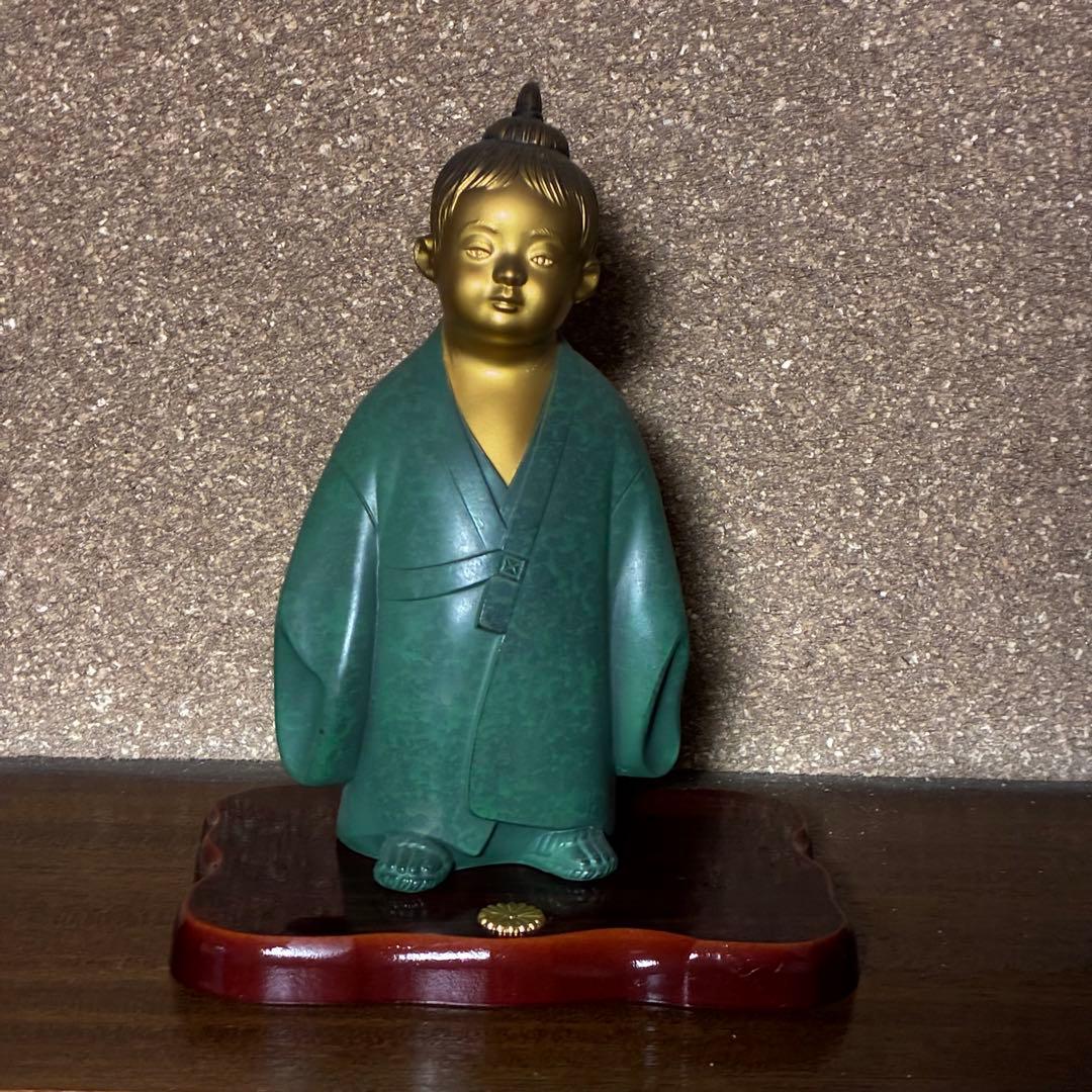 高岡銅器 無我童子 高岡銅器　ブロンズ　青金色　正晴在銘　台座付き　置物　縁起