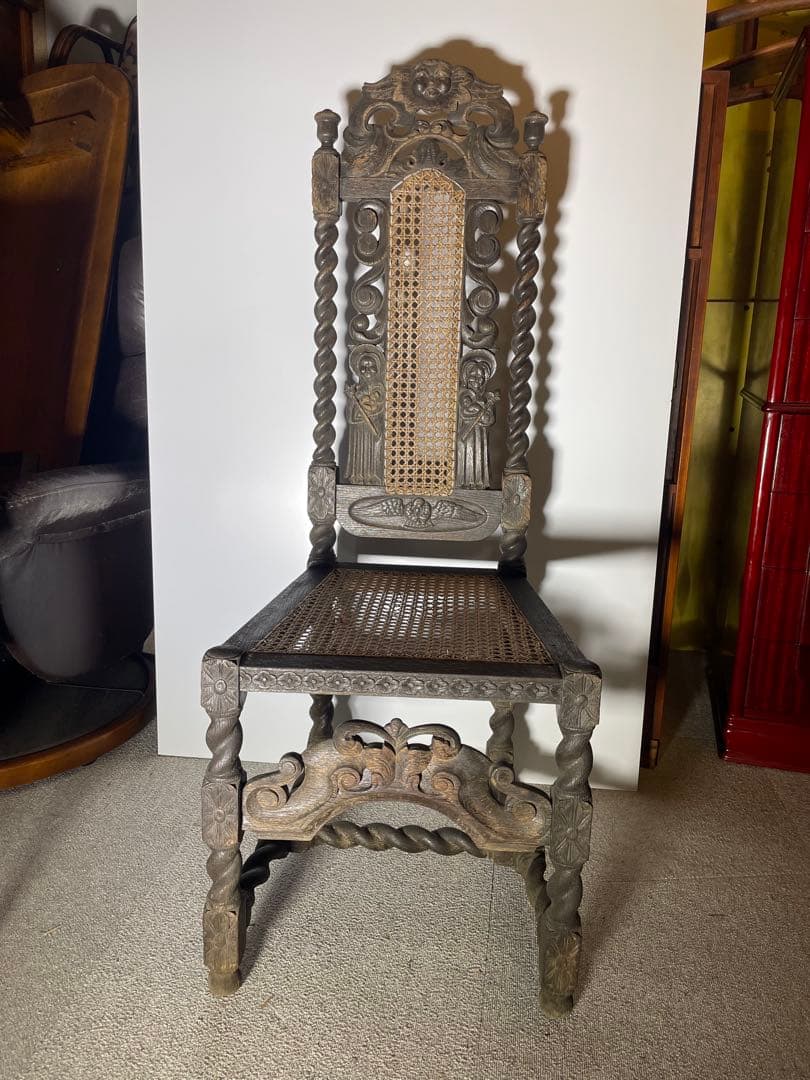 アンティーク ハイバックチェア 聖母子 天使 籐張り ヨーロッパ家具