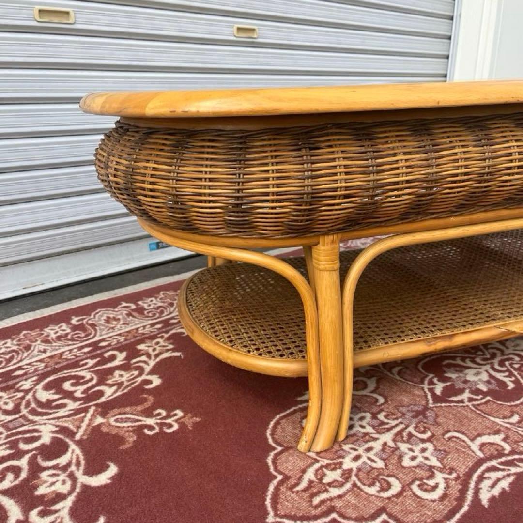 古家具ビンテージ品◼︎籐ラタン×木製天板 センターテーブル ローテーブル