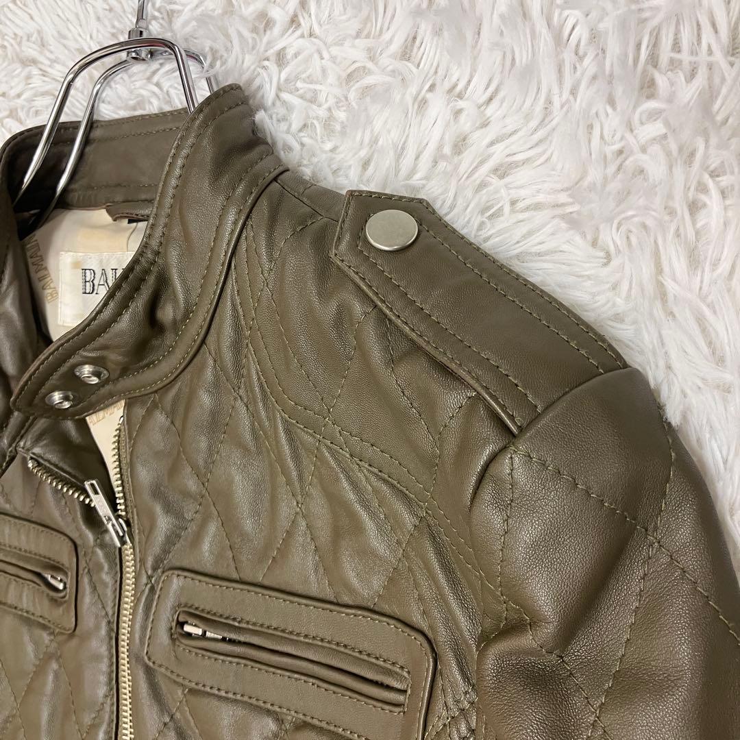 短丈 BALMAIN バルマン キルティング レザー ライダースジャケット 羊革