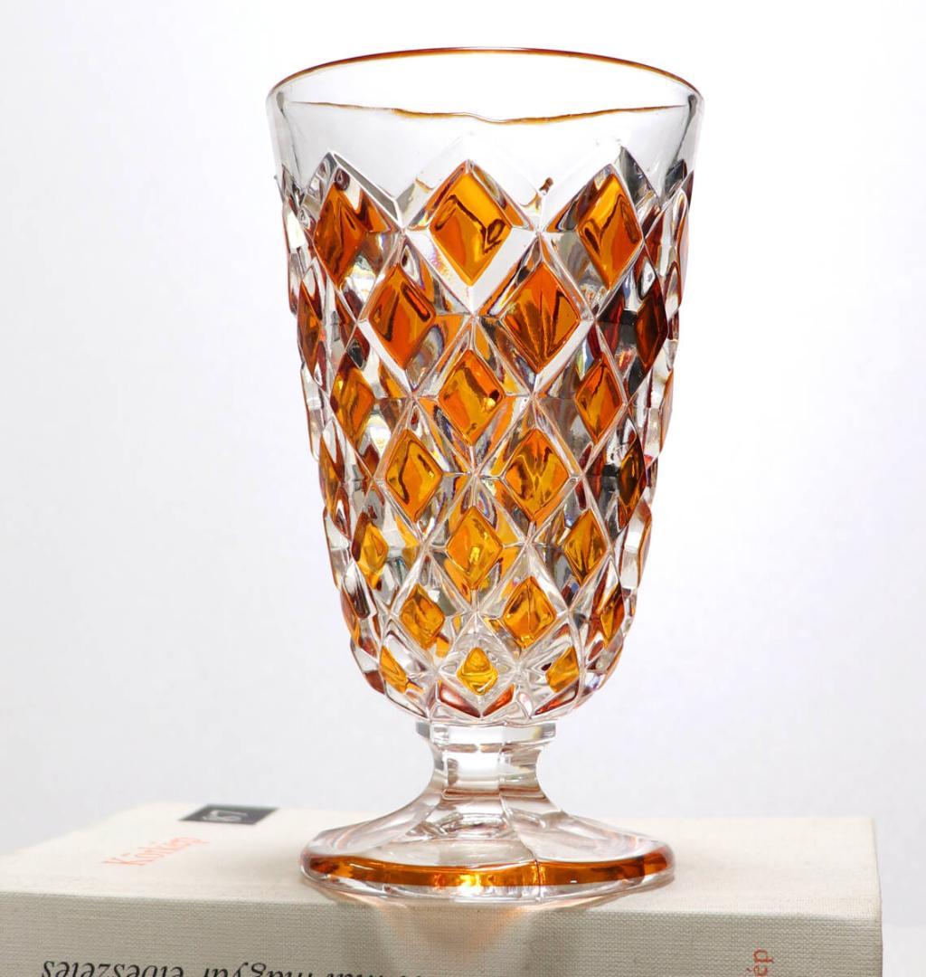 オールド・バカラ 最高級 琥珀色被せ ディアマン・カレ 大型 花瓶 アンバー色