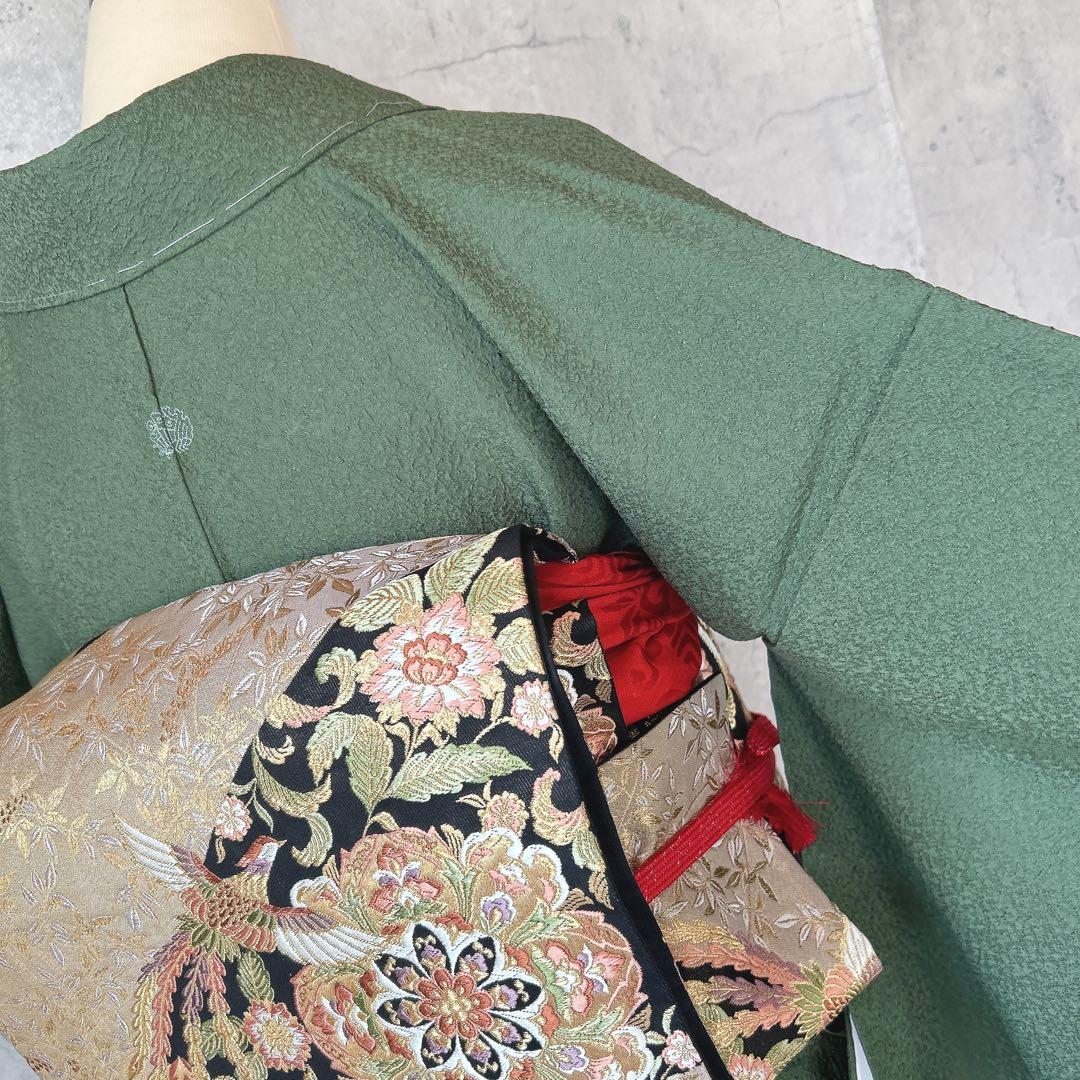 色無地　フルセット　着物　正絹　濃い緑　未使用　p5