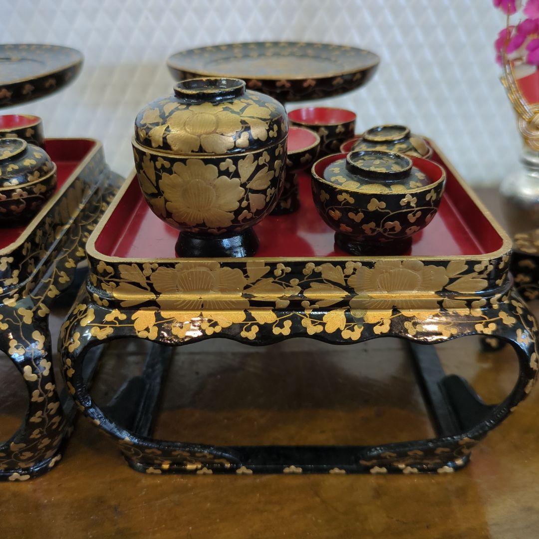 骨董　雛道具　お雛様　ひな祭り　木製　漆器　一式　金彩　木箱