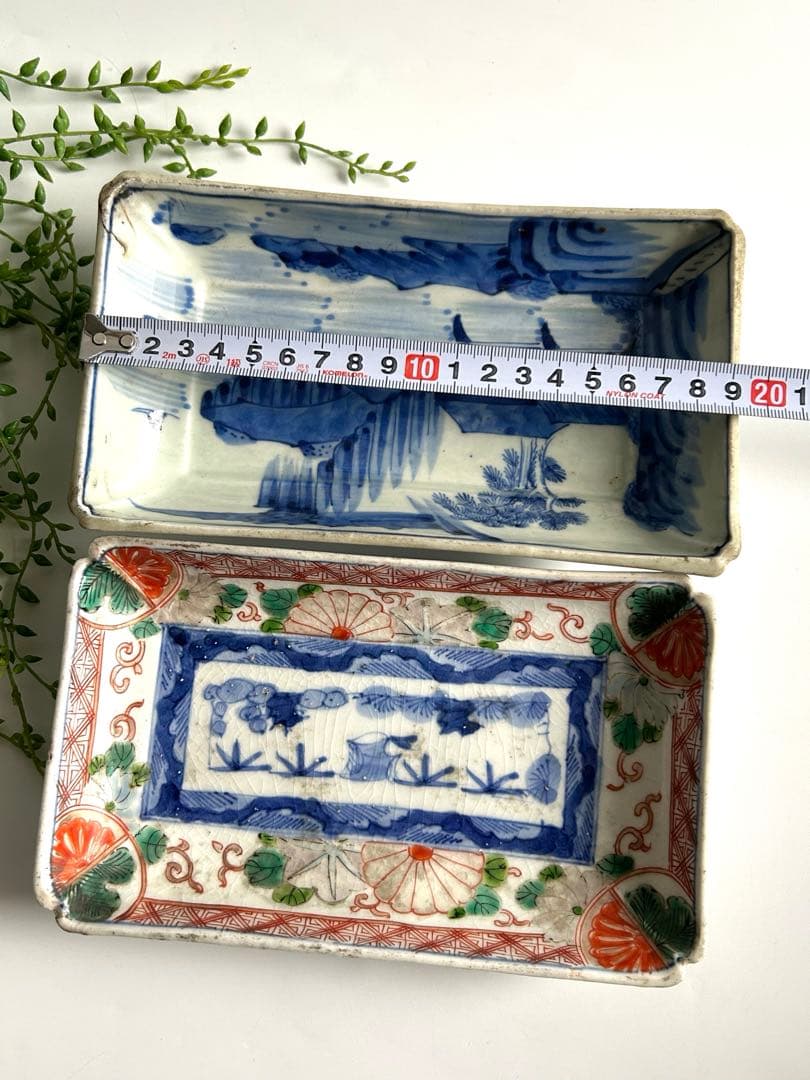 古伊万里　風景 色絵　染錦　角皿 2枚セット