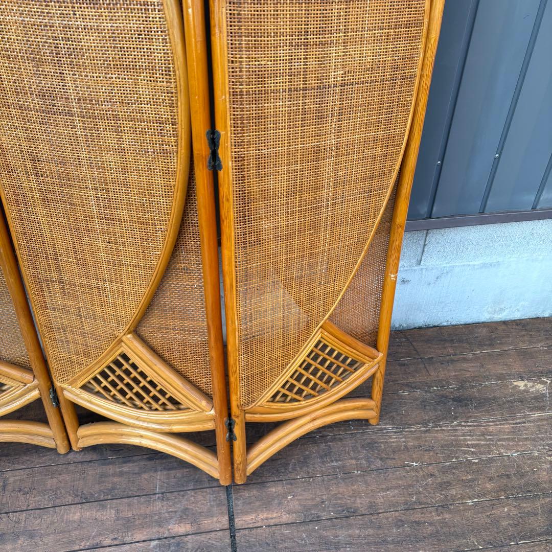 昭和レトロ エスニック 古家具 3連ラタンパーテーション 間仕切りパーティション