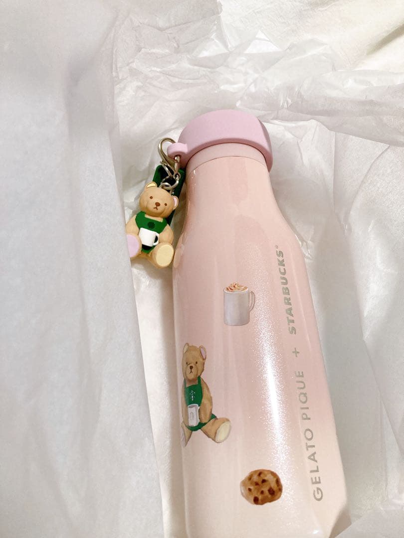 ジェラピケ スタバ　リッドカバーベアチャーム付きステンレスボトル ソフトピンク
