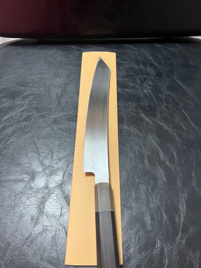 【限定特価】【鏡面・本刃付】8寸 切付柳刃(反り付) 黒檀色水牛柄 鞘付き