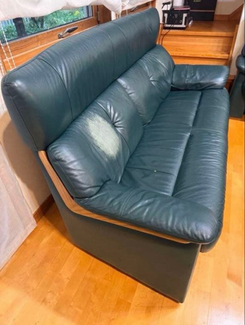 ダークグリーン レザー 2-3人掛けソファ