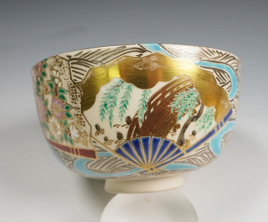 京焼 与山窯 小川由雄 仁清扇面草花茶碗 茶道具