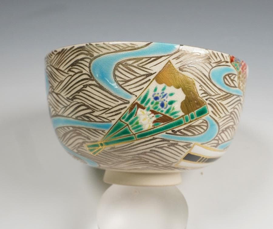 京焼 与山窯 小川由雄 仁清扇面草花茶碗 茶道具