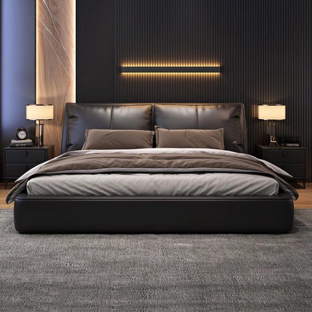 ラグジュアリー ベッド クイーンサイズ ブラックレザー デザイナーズ