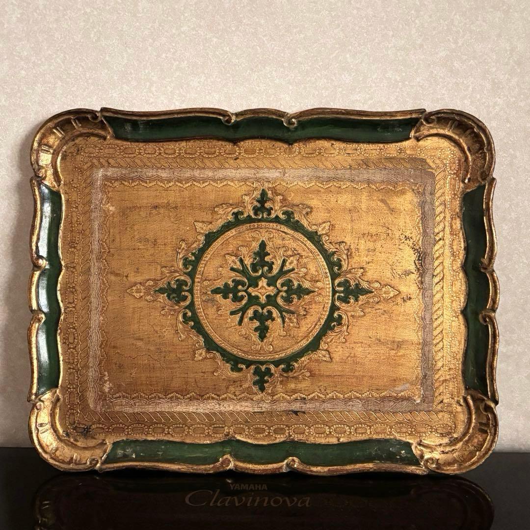 【イタリア】ヴィンテージ 木製 トレイ フロレンタイン 金色 深緑 大きめ