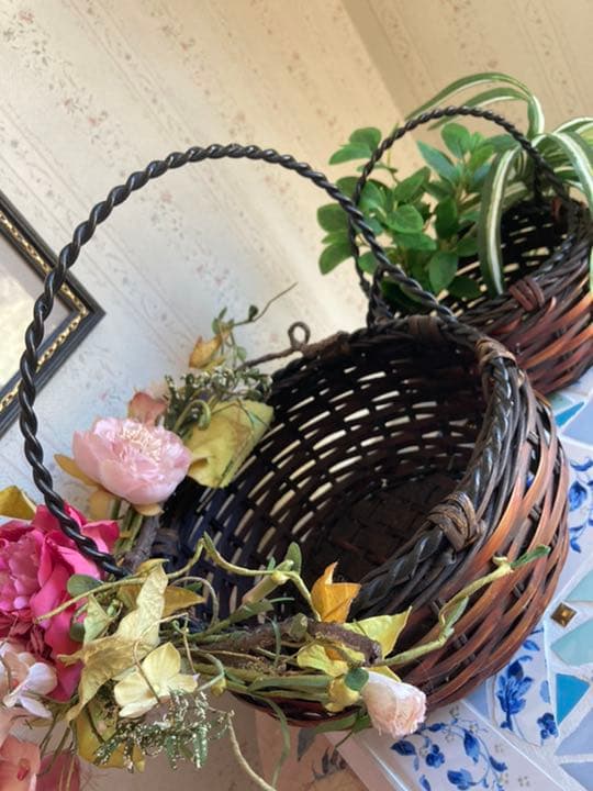 予約品★ジャパネスクバンブーバスケット大小2個セットアイアン取っ手ヴィンテージ